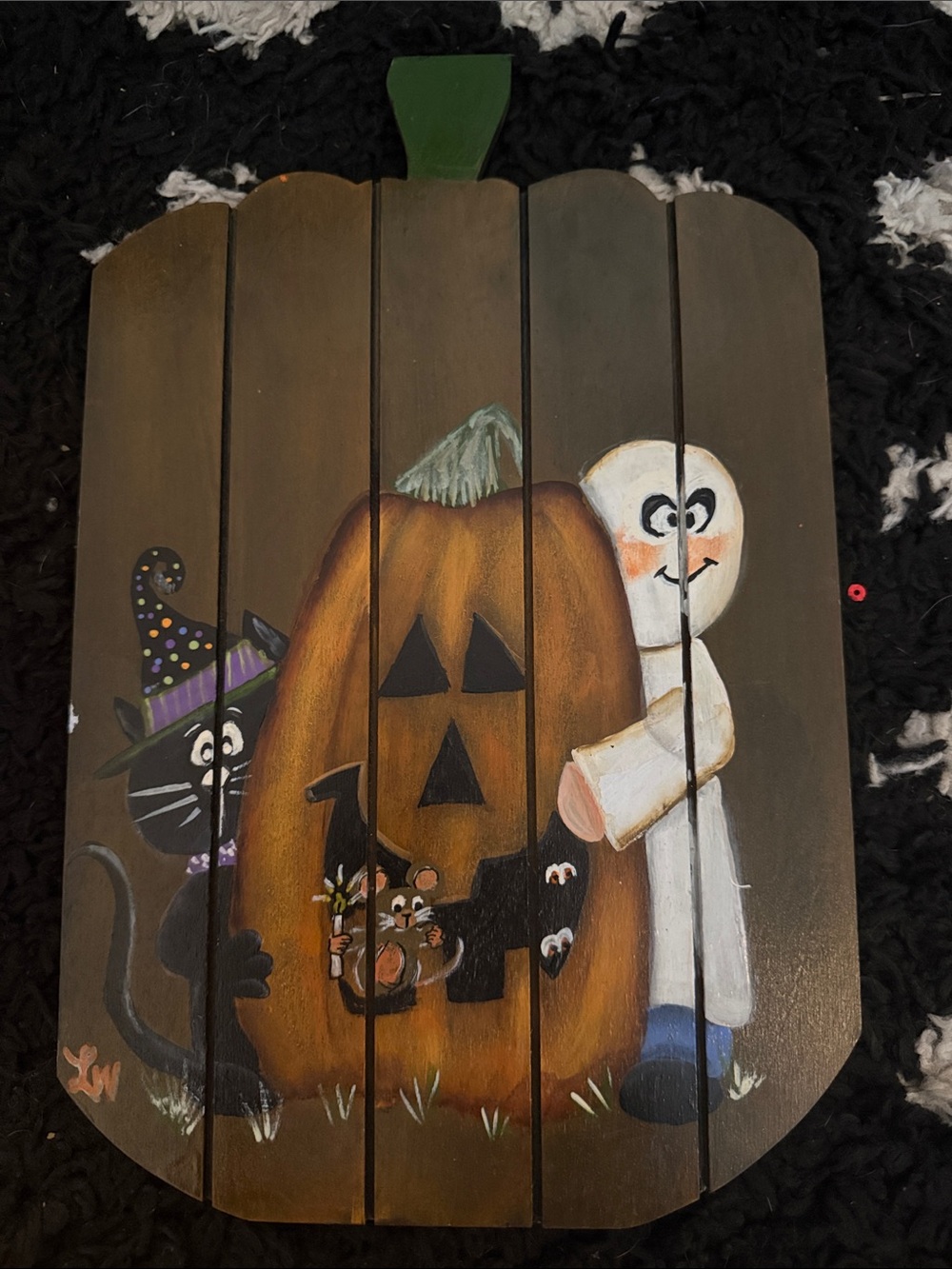 Hand-Painted Halloween Pumpkin Pal Wooden Sign - Orange, Black, White